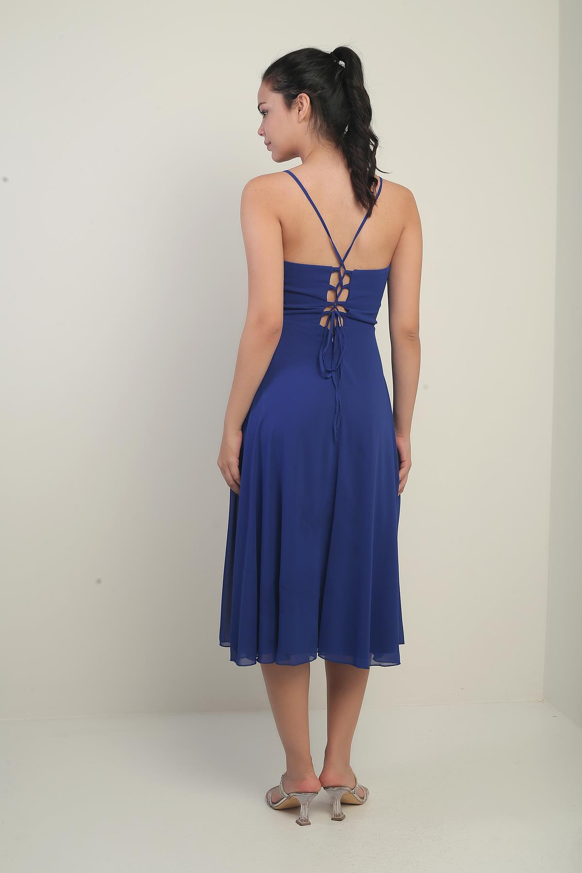 S-25K3050020Kadın İp Askılı Kruvaze Yaka Astarlı Arkası Bağcıklı Kloş Şifon Elbise