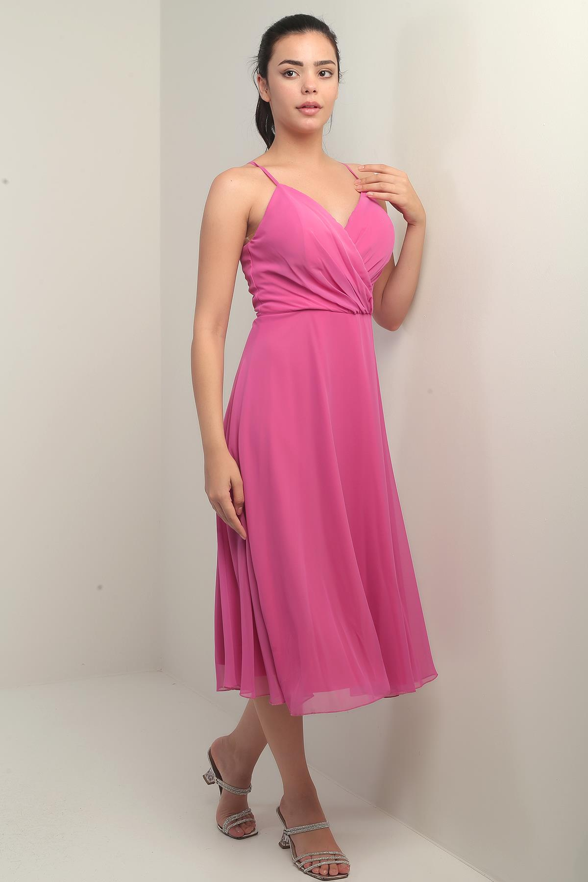 S-25K3050020Kadın İp Askılı Kruvaze Yaka Astarlı Arkası Bağcıklı Kloş Şifon Elbise