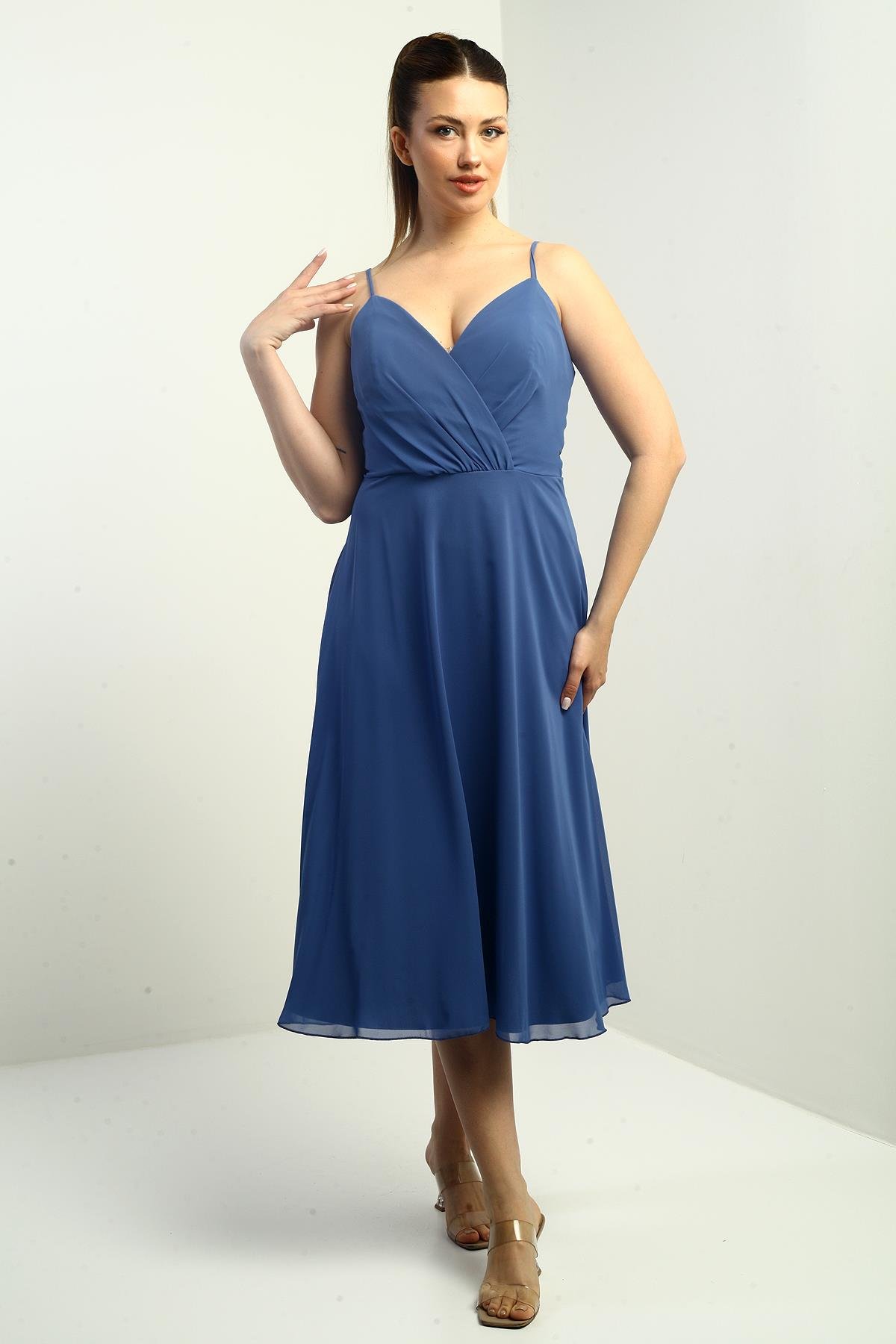 S-25K3050020Kadın İp Askılı Kruvaze Yaka Astarlı Arkası Bağcıklı Kloş Şifon Elbise