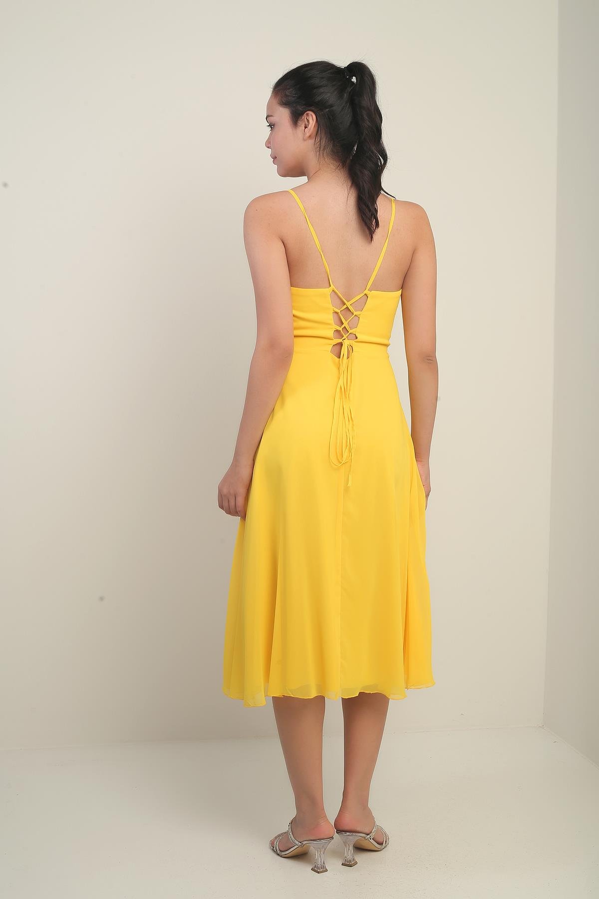 S-25K3050020Kadın İp Askılı Kruvaze Yaka Astarlı Arkası Bağcıklı Kloş Şifon Elbise