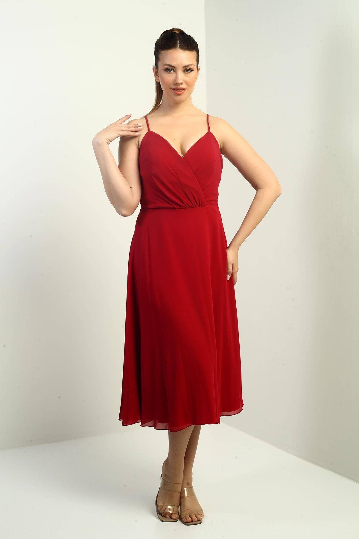 S-25K3050020Kadın İp Askılı Kruvaze Yaka Astarlı Arkası Bağcıklı Kloş Şifon Elbise