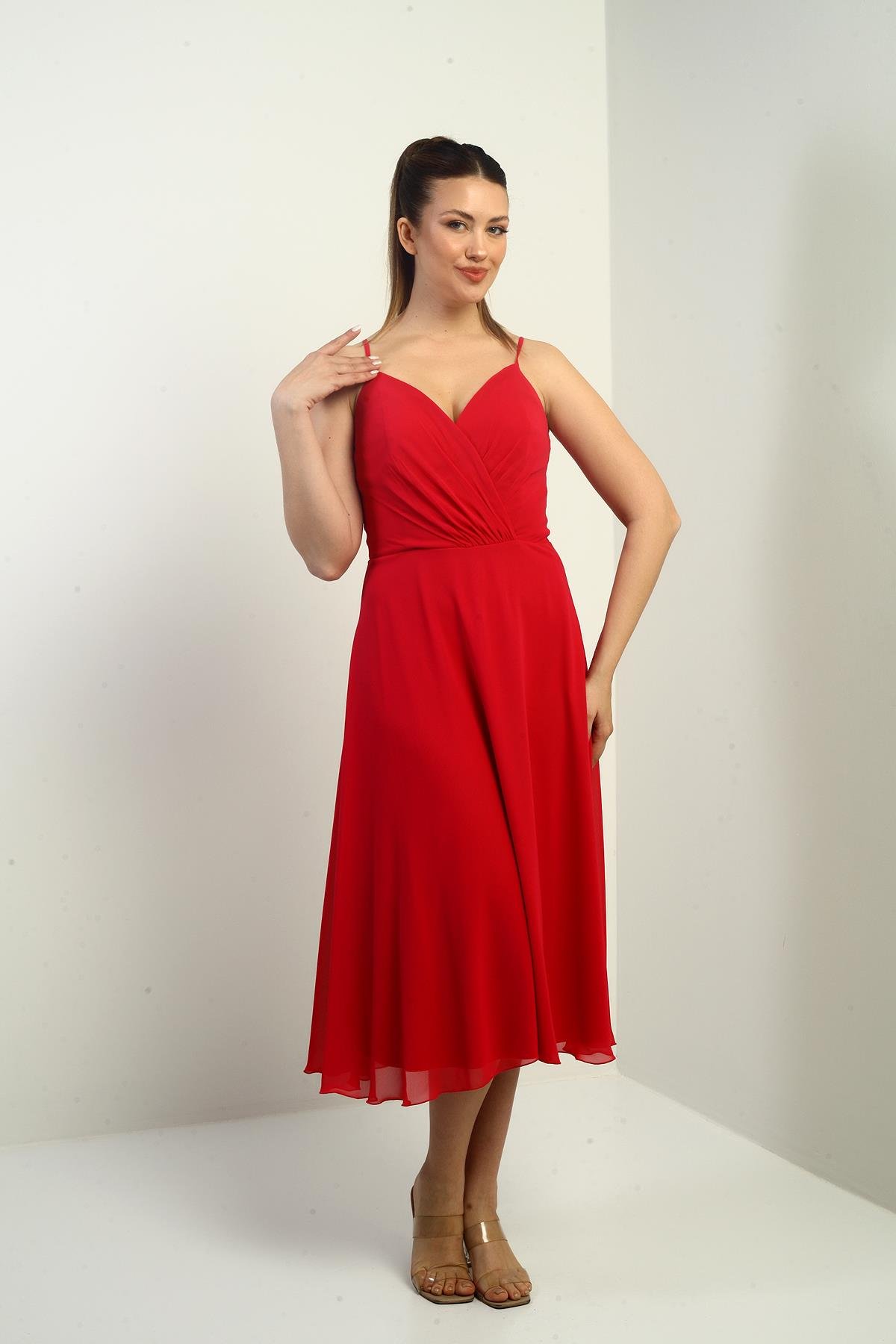 S-25K3050020Kadın İp Askılı Kruvaze Yaka Astarlı Arkası Bağcıklı Kloş Şifon Elbise