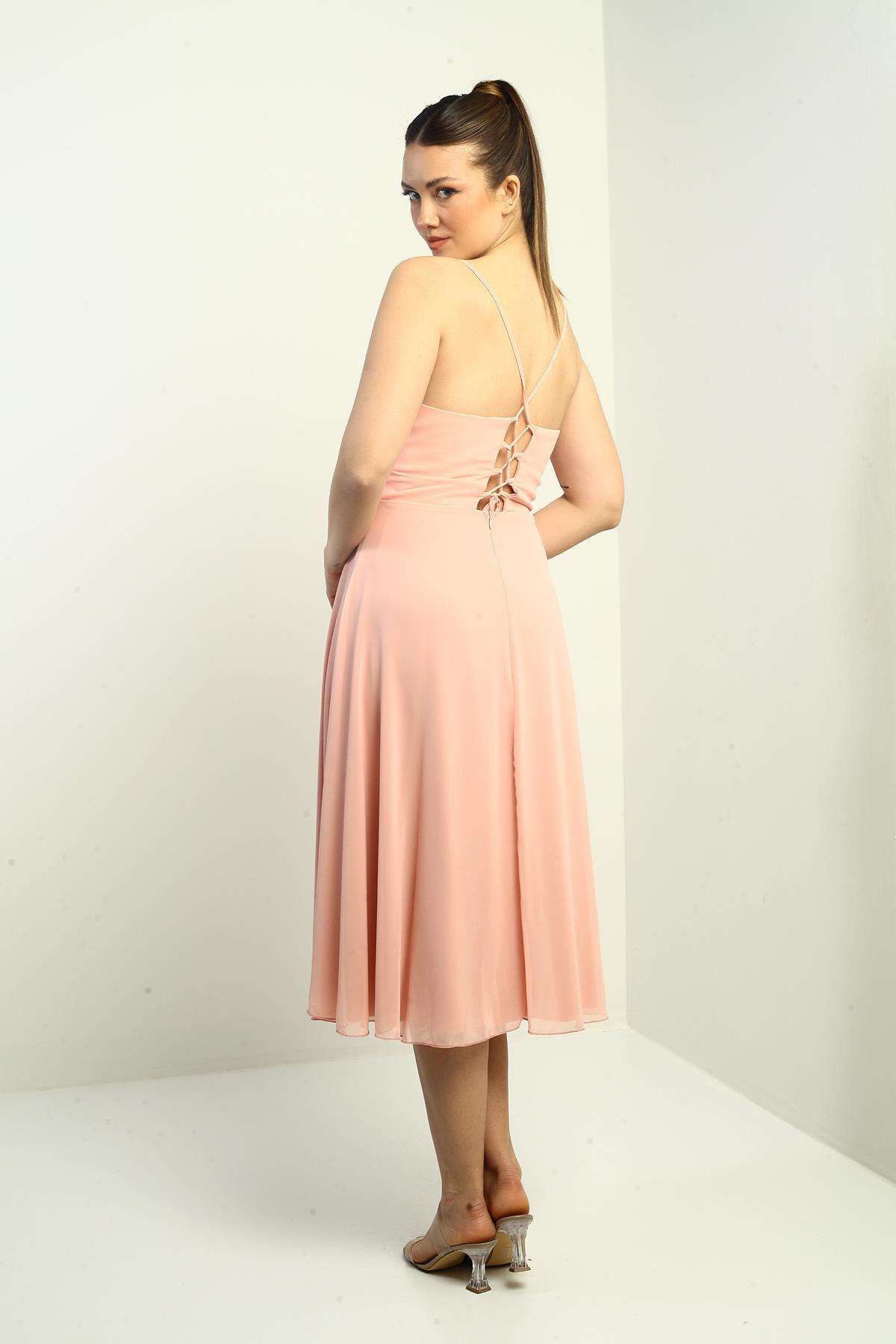 S-25K3050020Kadın İp Askılı Kruvaze Yaka Astarlı Arkası Bağcıklı Kloş Şifon Elbise