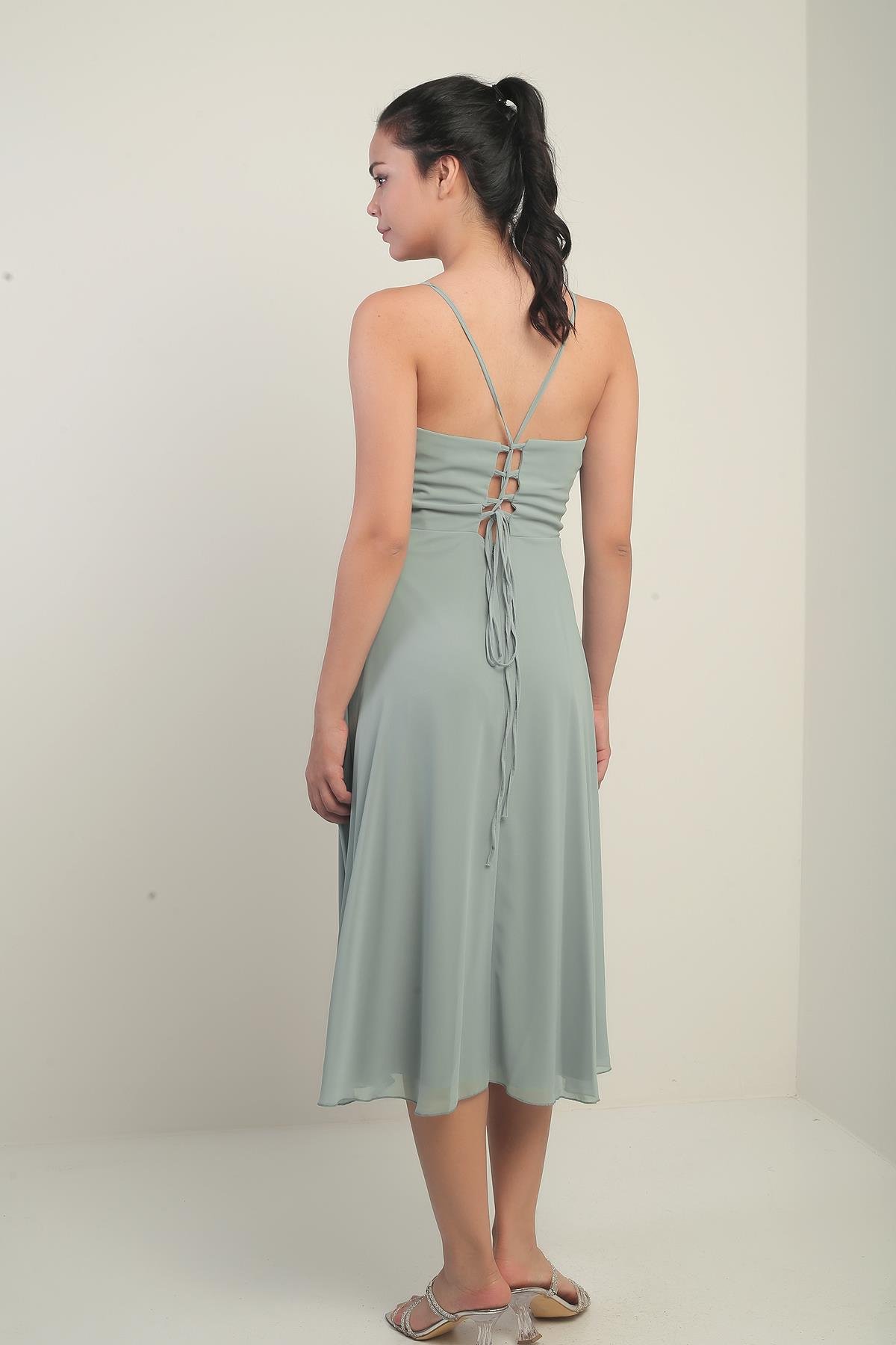 S-25K3050020Kadın İp Askılı Kruvaze Yaka Astarlı Arkası Bağcıklı Kloş Şifon Elbise