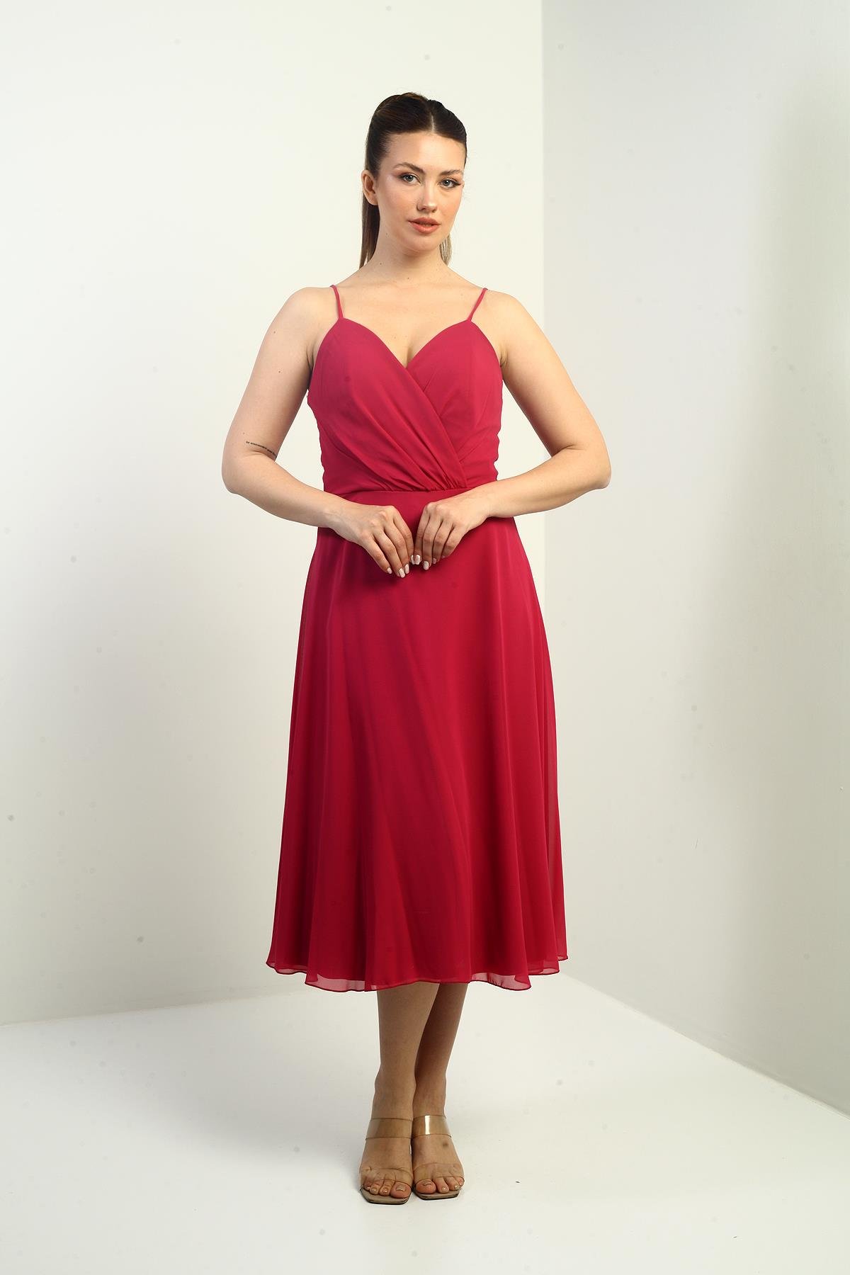 S-25K3050020Kadın İp Askılı Kruvaze Yaka Astarlı Arkası Bağcıklı Kloş Şifon Elbise