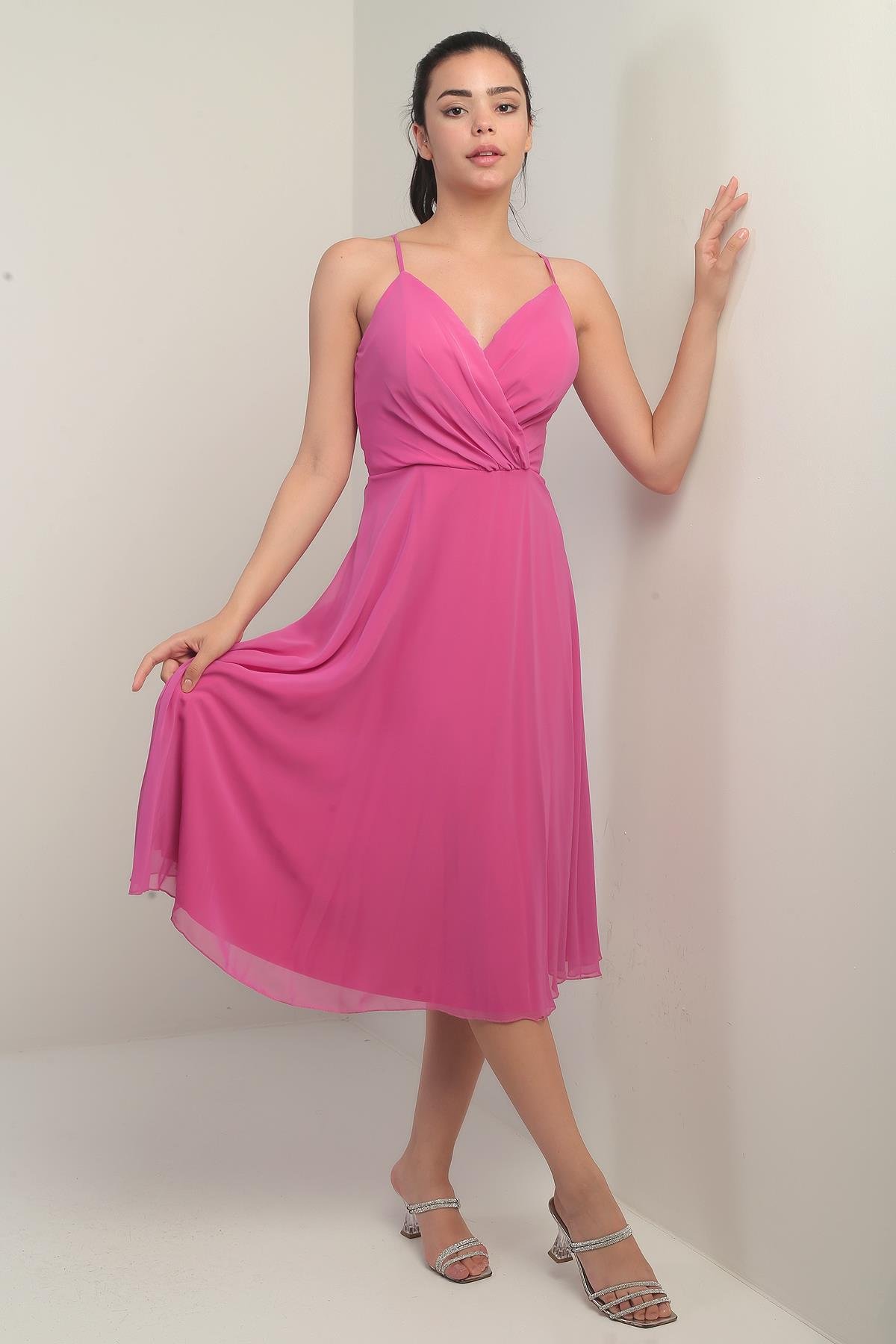 S-25K3050020Kadın İp Askılı Kruvaze Yaka Astarlı Arkası Bağcıklı Kloş Şifon Elbise