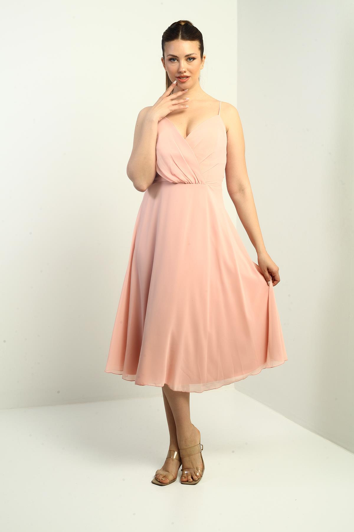 S-25K3050020Kadın İp Askılı Kruvaze Yaka Astarlı Arkası Bağcıklı Kloş Şifon Elbise