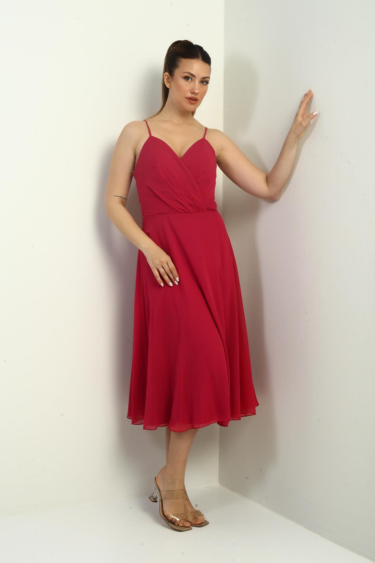 S-25K3050020Kadın İp Askılı Kruvaze Yaka Astarlı Arkası Bağcıklı Kloş Şifon Elbise