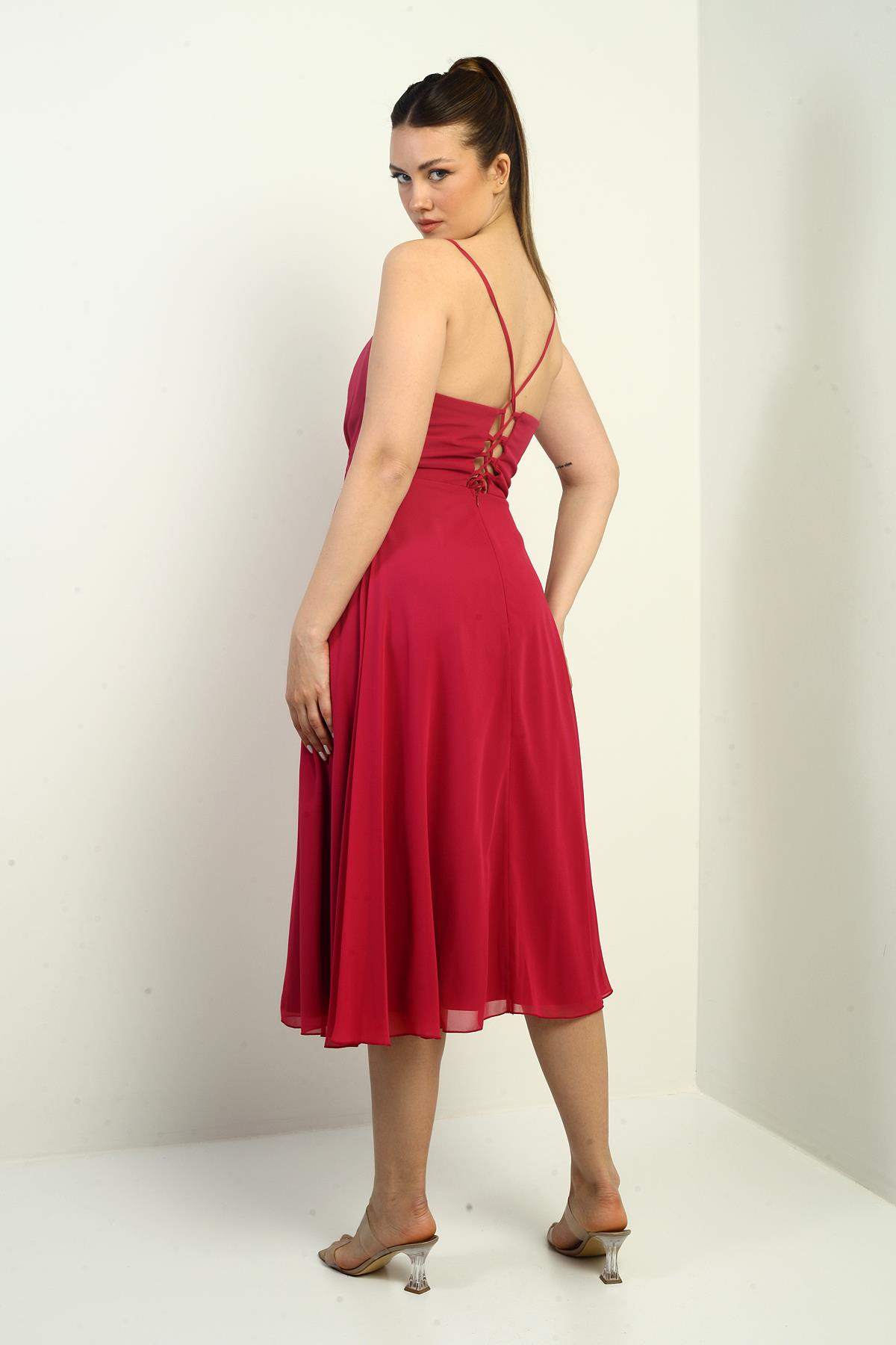 S-25K3050020Kadın İp Askılı Kruvaze Yaka Astarlı Arkası Bağcıklı Kloş Şifon Elbise