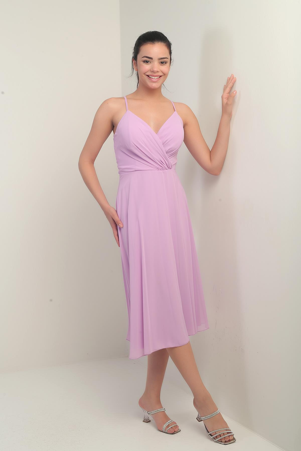 S-25K3050020Kadın İp Askılı Kruvaze Yaka Astarlı Arkası Bağcıklı Kloş Şifon Elbise