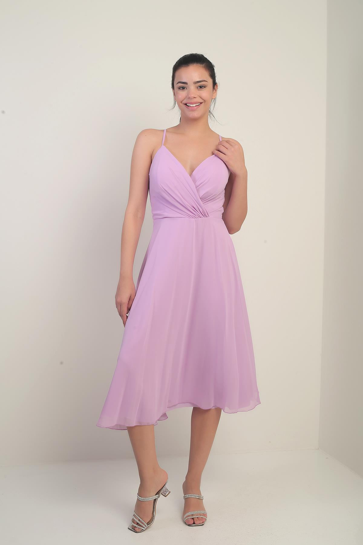 S-25K3050020Kadın İp Askılı Kruvaze Yaka Astarlı Arkası Bağcıklı Kloş Şifon Elbise