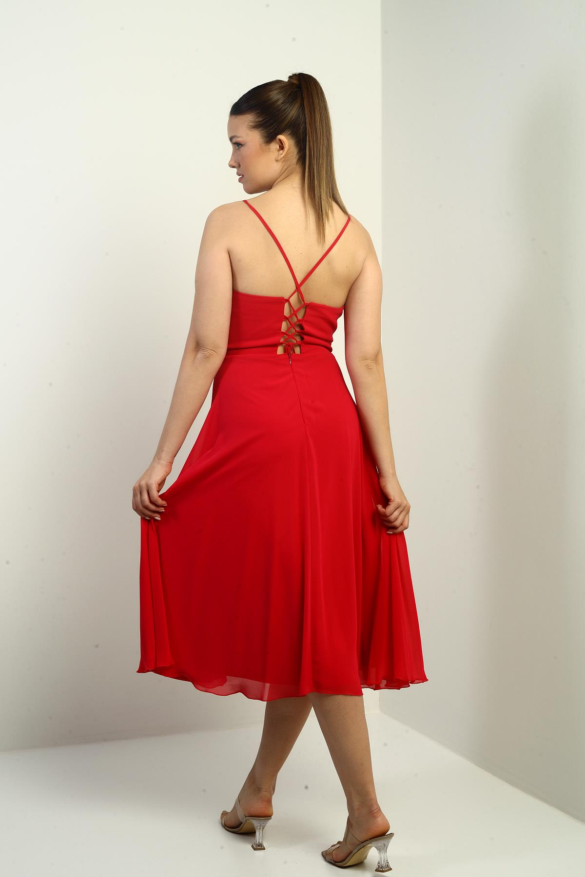 S-25K3050020Kadın İp Askılı Kruvaze Yaka Astarlı Arkası Bağcıklı Kloş Şifon Elbise