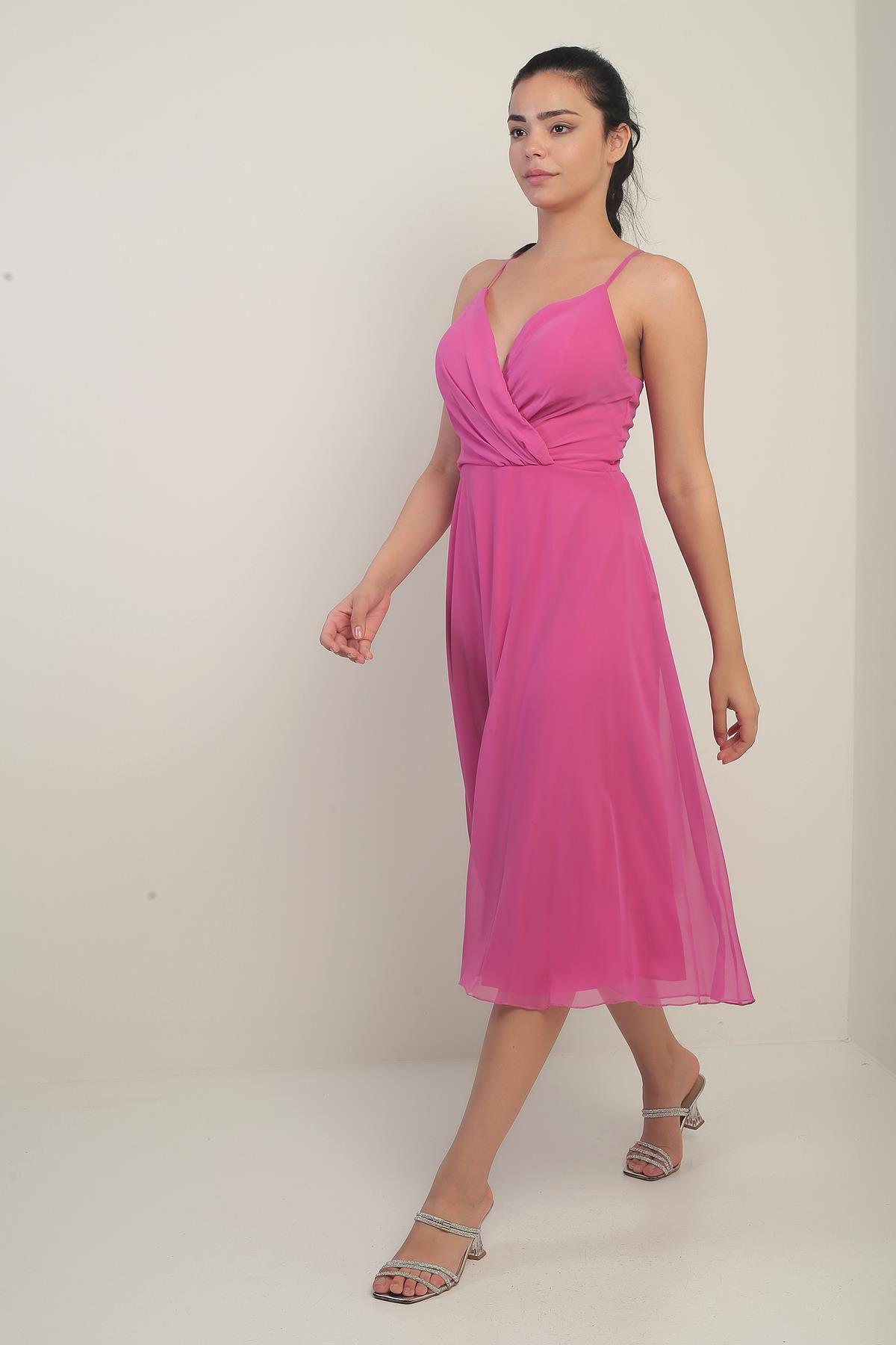 S-25K3050020Kadın İp Askılı Kruvaze Yaka Astarlı Arkası Bağcıklı Kloş Şifon Elbise