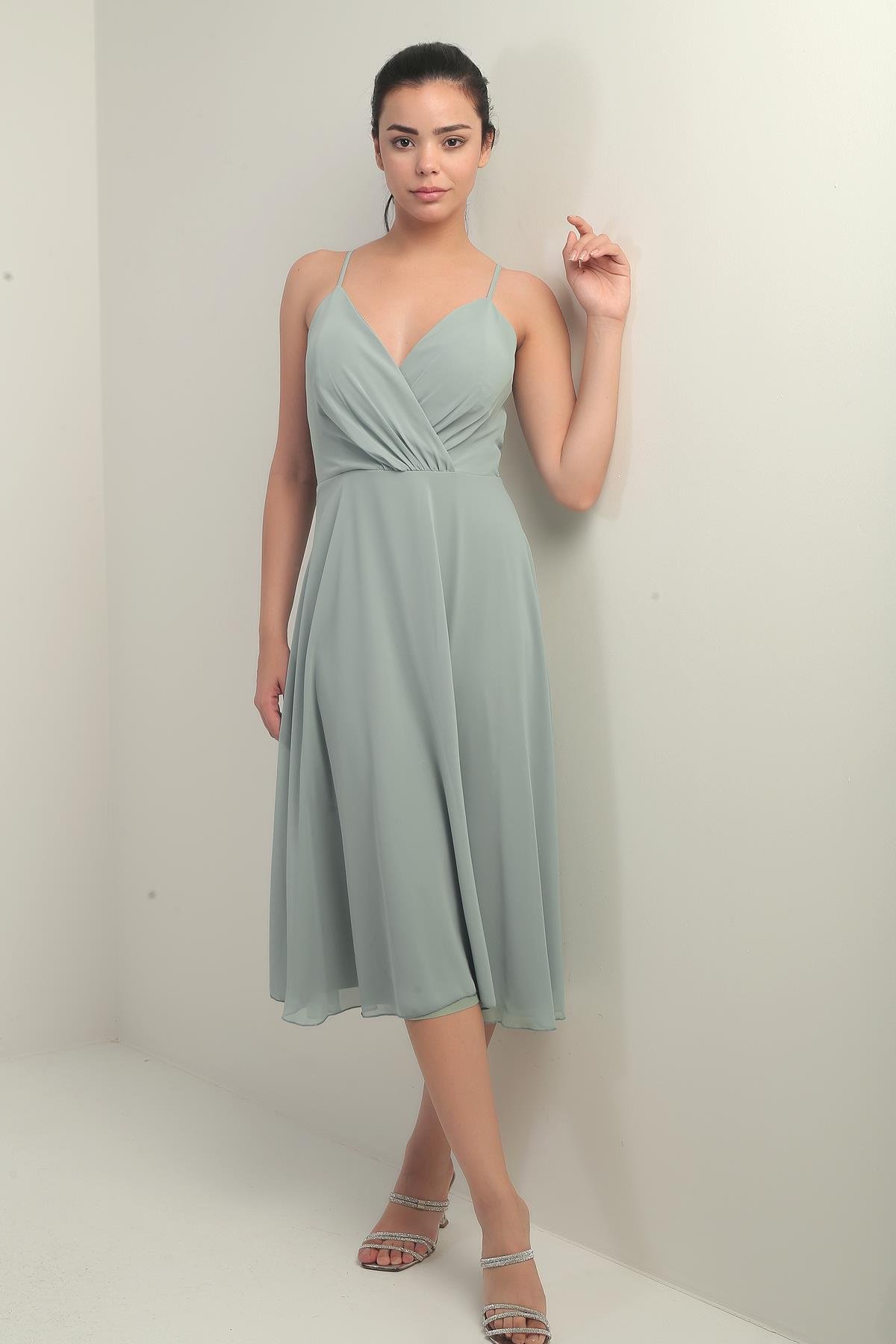 S-25K3050020Kadın İp Askılı Kruvaze Yaka Astarlı Arkası Bağcıklı Kloş Şifon Elbise