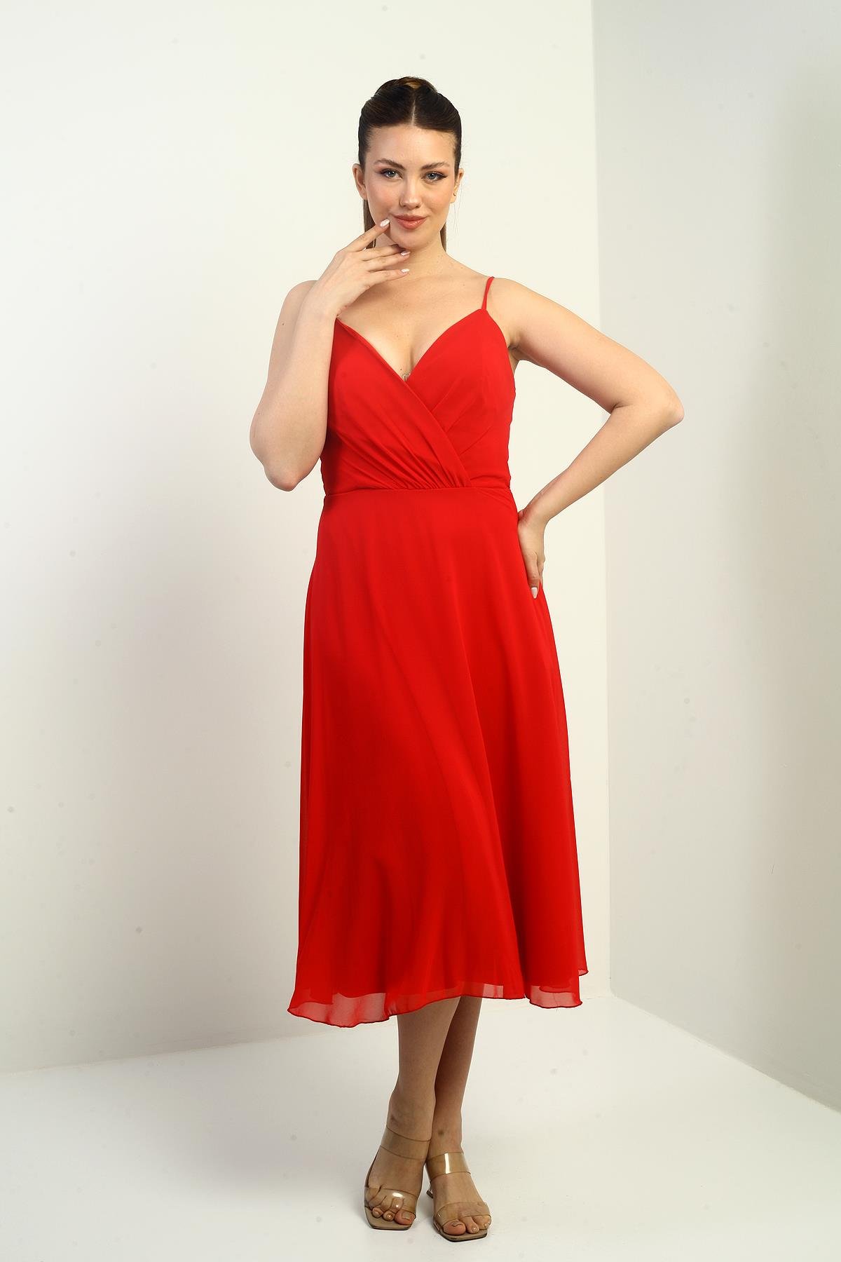 S-25K3050020Kadın İp Askılı Kruvaze Yaka Astarlı Arkası Bağcıklı Kloş Şifon Elbise