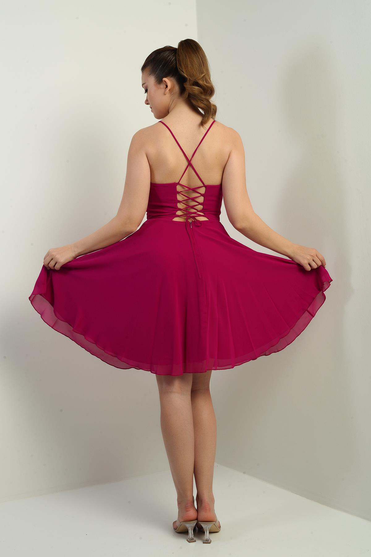 S-25K3050021Kadın İp Askılı Arkası Bağlamalı Önü Pencereli Astarlı Şifon Kısa Kloş Elbise