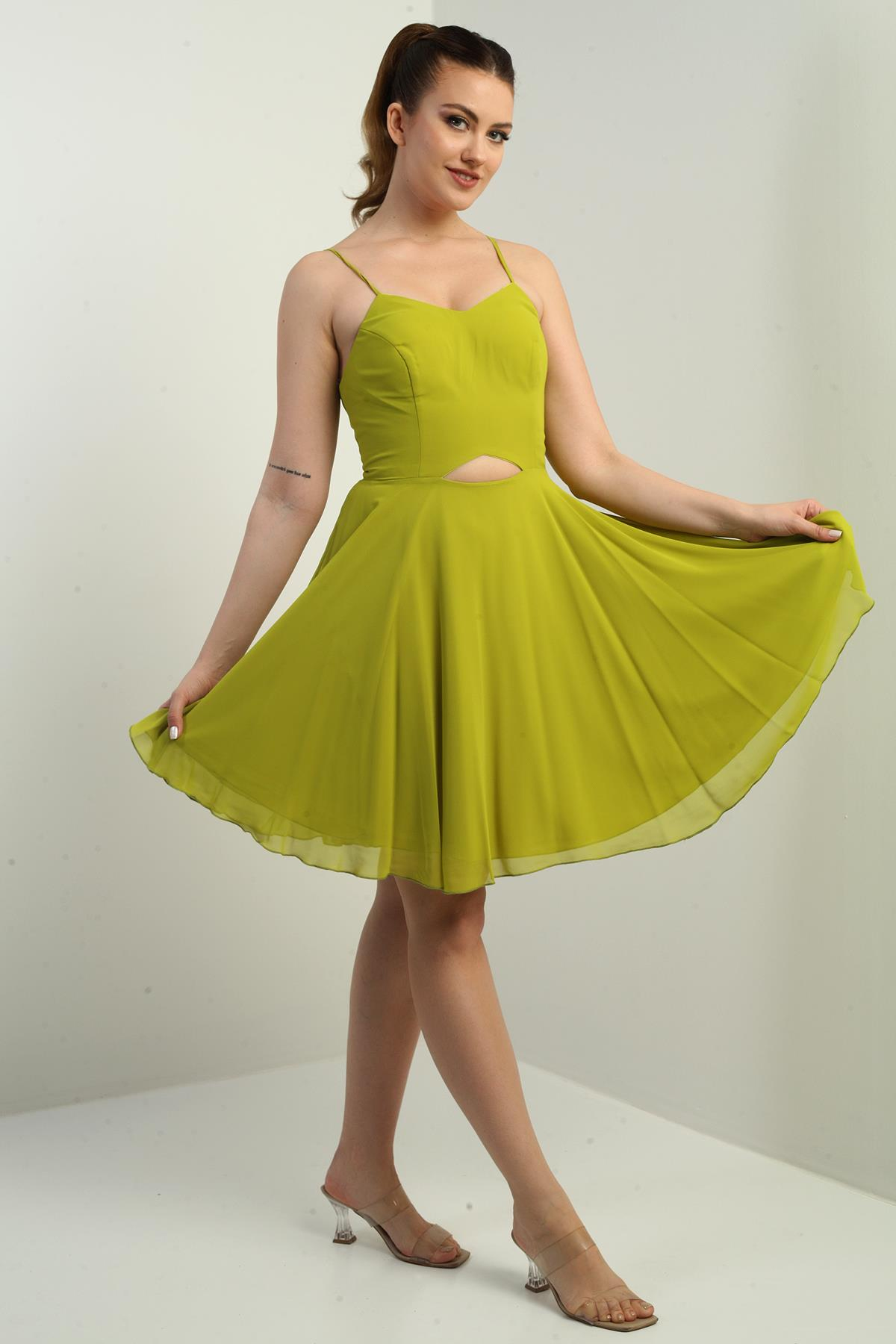 S-25K3050021Kadın İp Askılı Arkası Bağlamalı Önü Pencereli Astarlı Şifon Kısa Kloş Elbise