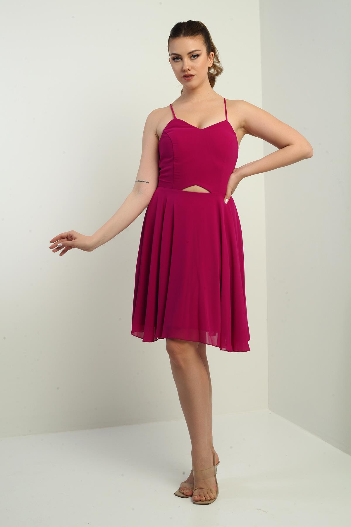 S-25K3050021Kadın İp Askılı Arkası Bağlamalı Önü Pencereli Astarlı Şifon Kısa Kloş Elbise