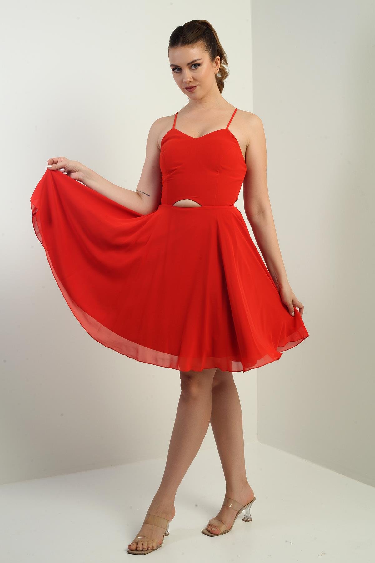 S-25K3050021Kadın İp Askılı Arkası Bağlamalı Önü Pencereli Astarlı Şifon Kısa Kloş Elbise