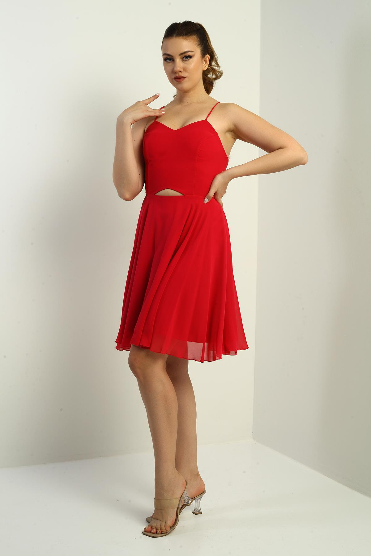 S-25K3050021Kadın İp Askılı Arkası Bağlamalı Önü Pencereli Astarlı Şifon Kısa Kloş Elbise