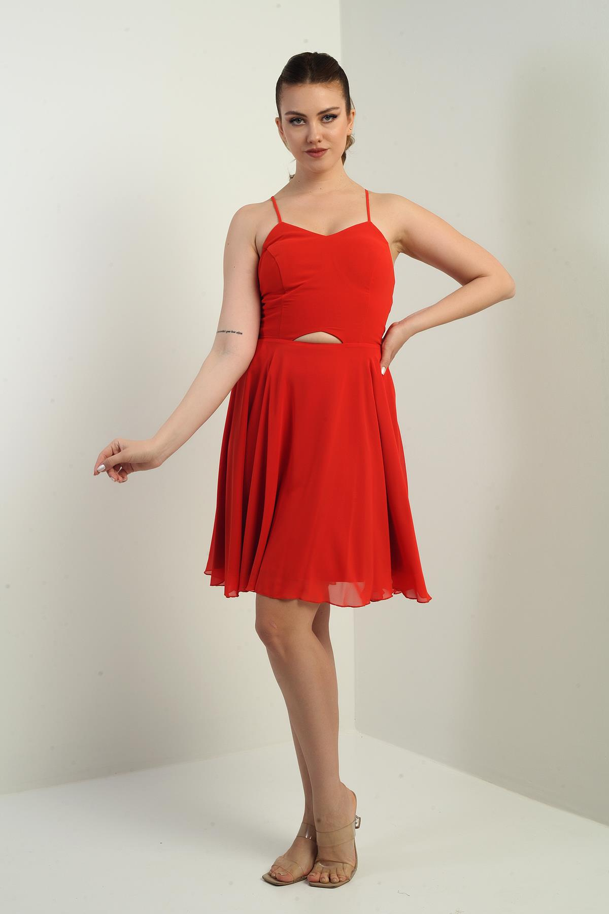 S-25K3050021Kadın İp Askılı Arkası Bağlamalı Önü Pencereli Astarlı Şifon Kısa Kloş Elbise