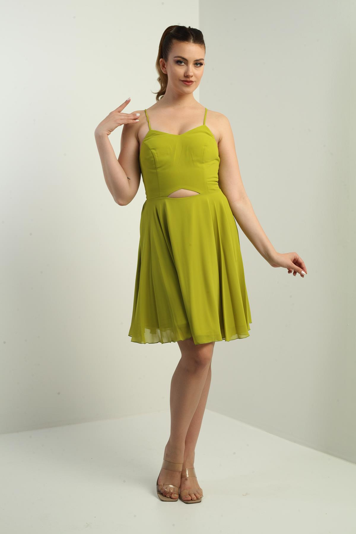 S-25K3050021Kadın İp Askılı Arkası Bağlamalı Önü Pencereli Astarlı Şifon Kısa Kloş Elbise