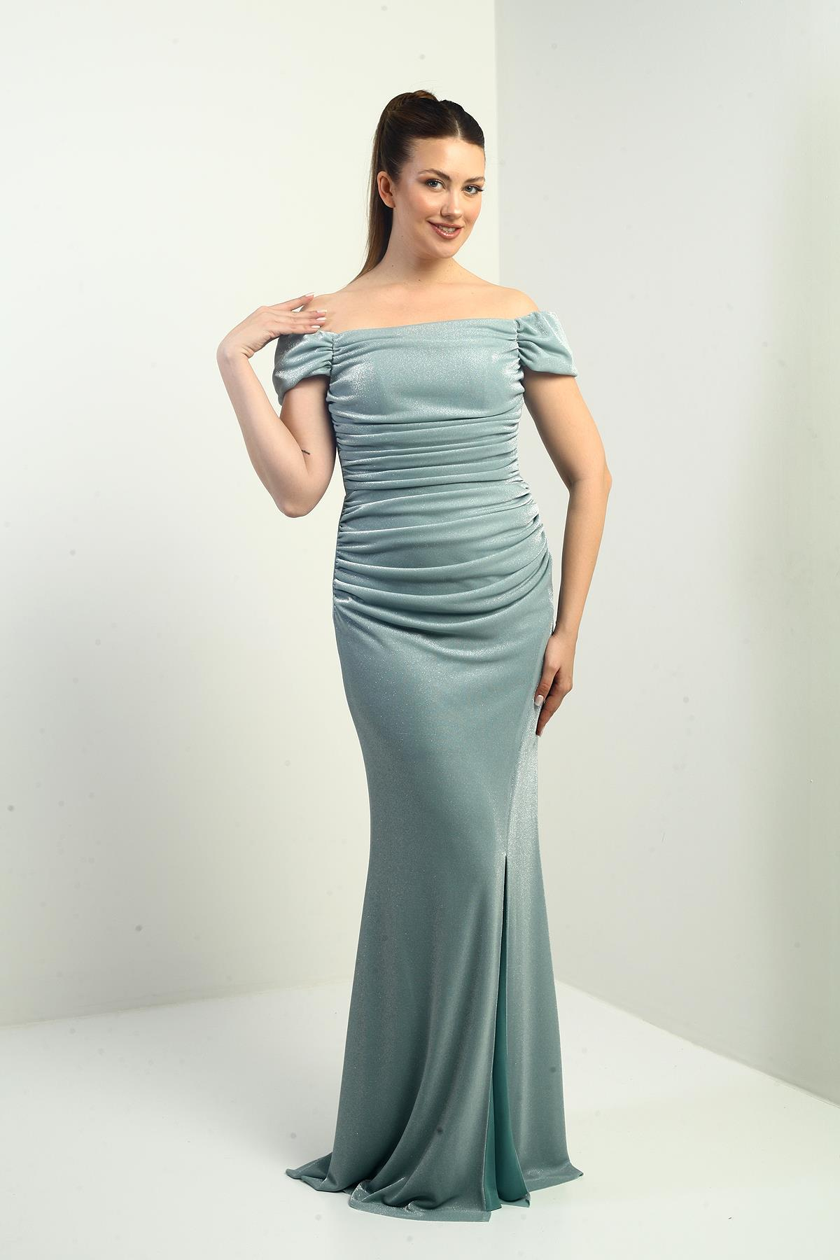 S-25K3630002Kadın Eteği Ve Göğsü Büzgülü Astar Simli Balık Elbise