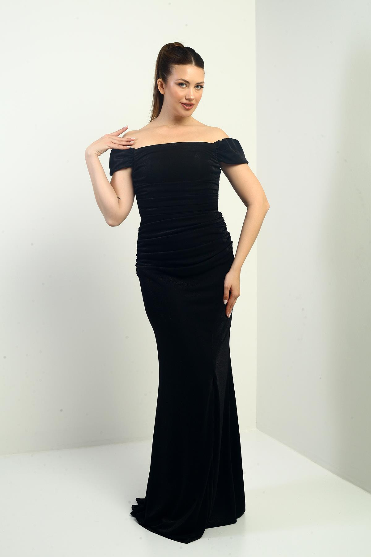 S-25K3630002Kadın Eteği Ve Göğsü Büzgülü Astar Simli Balık Elbise