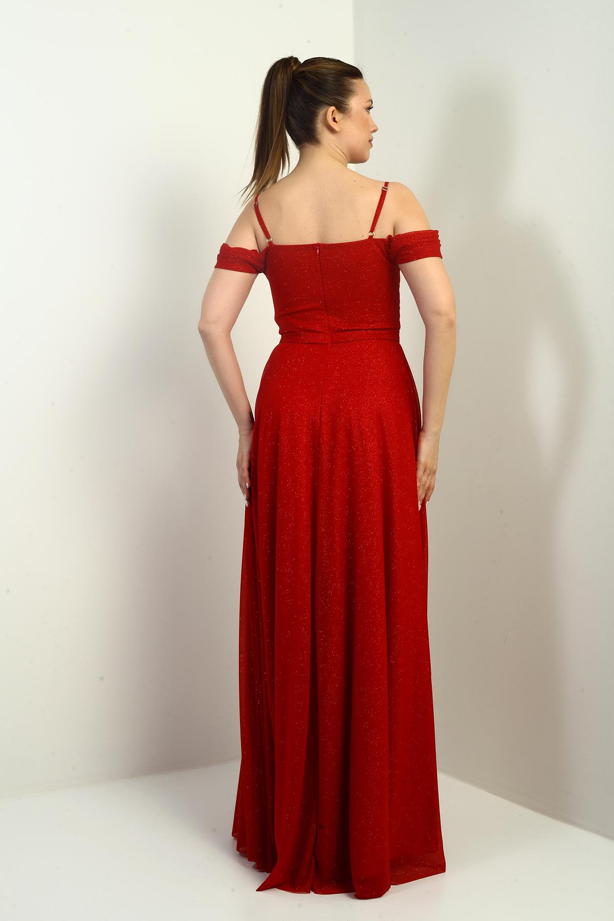 S-25K3630004Kadın İp Askılı Eteği Kloş Astarlı Uzun Simli Elbise