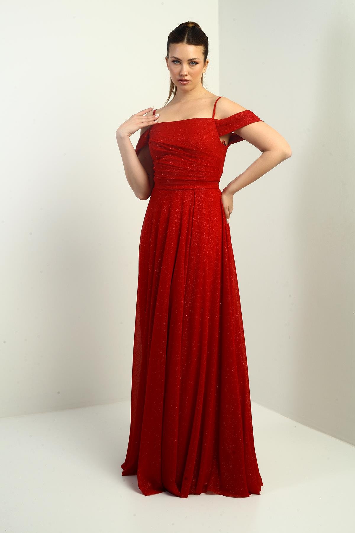 S-25K3630004Kadın İp Askılı Eteği Kloş Astarlı Uzun Simli Elbise