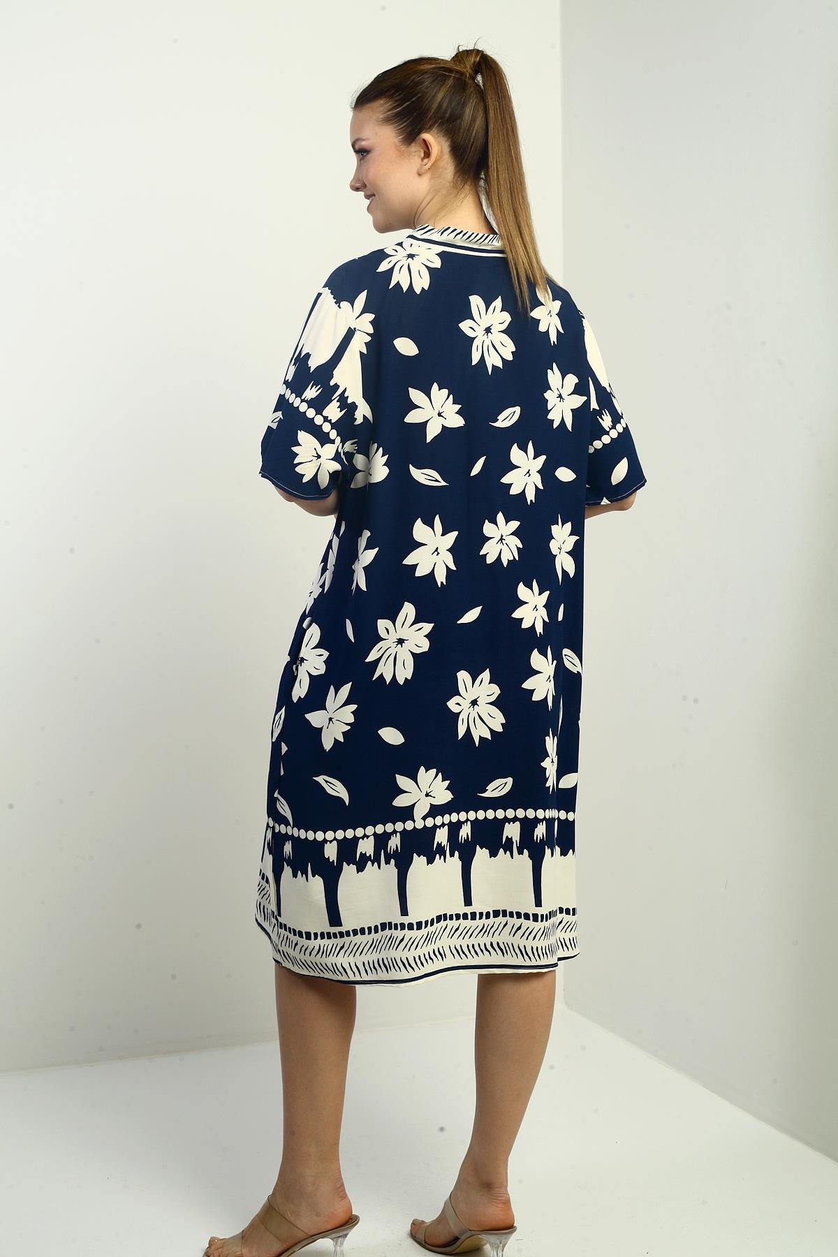 S-25K3880004Kadın Çiçek Desenli Cepli oversize Kısa Elbise