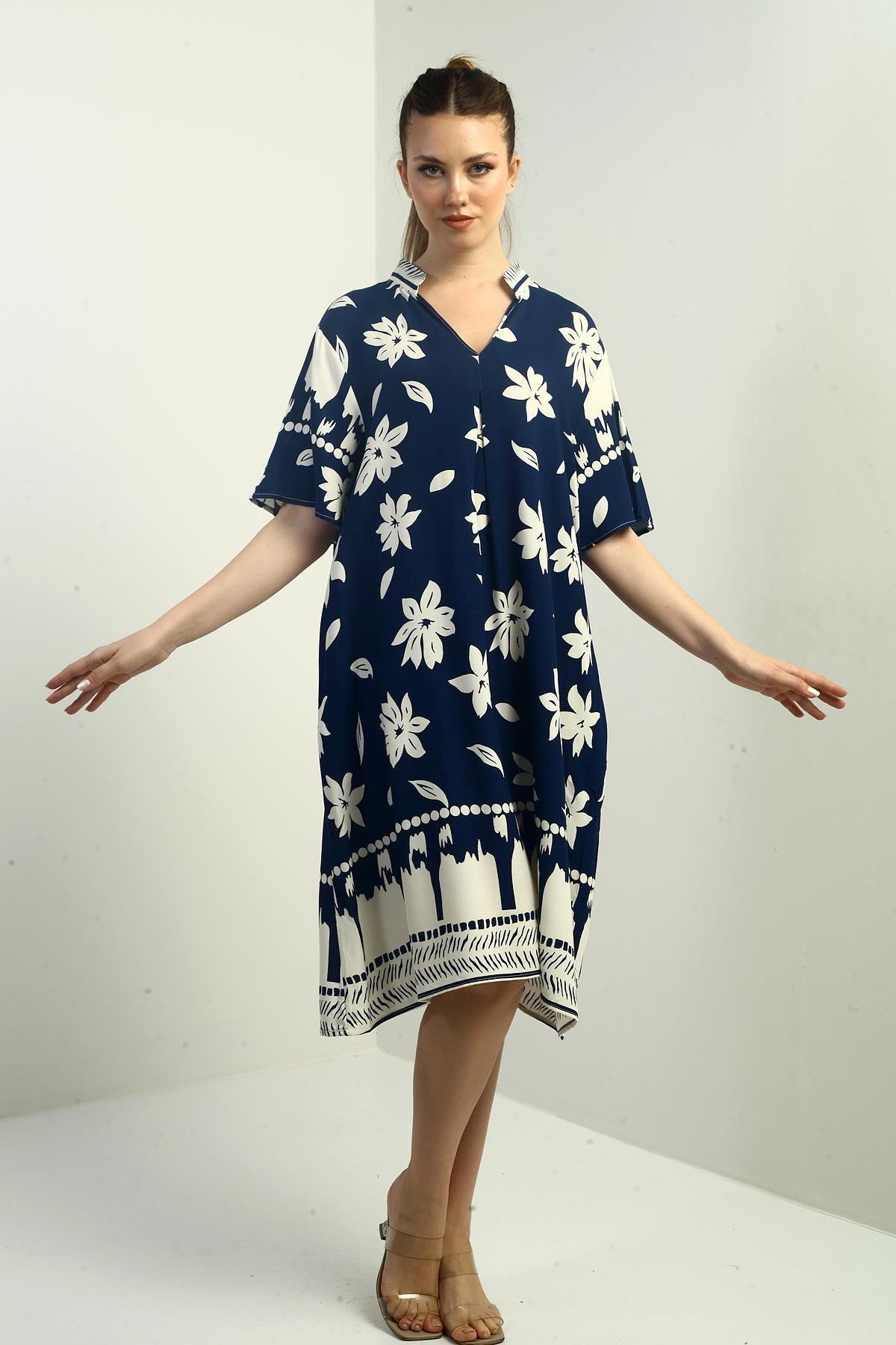 S-25K3880004Kadın Çiçek Desenli Cepli oversize Kısa Elbise