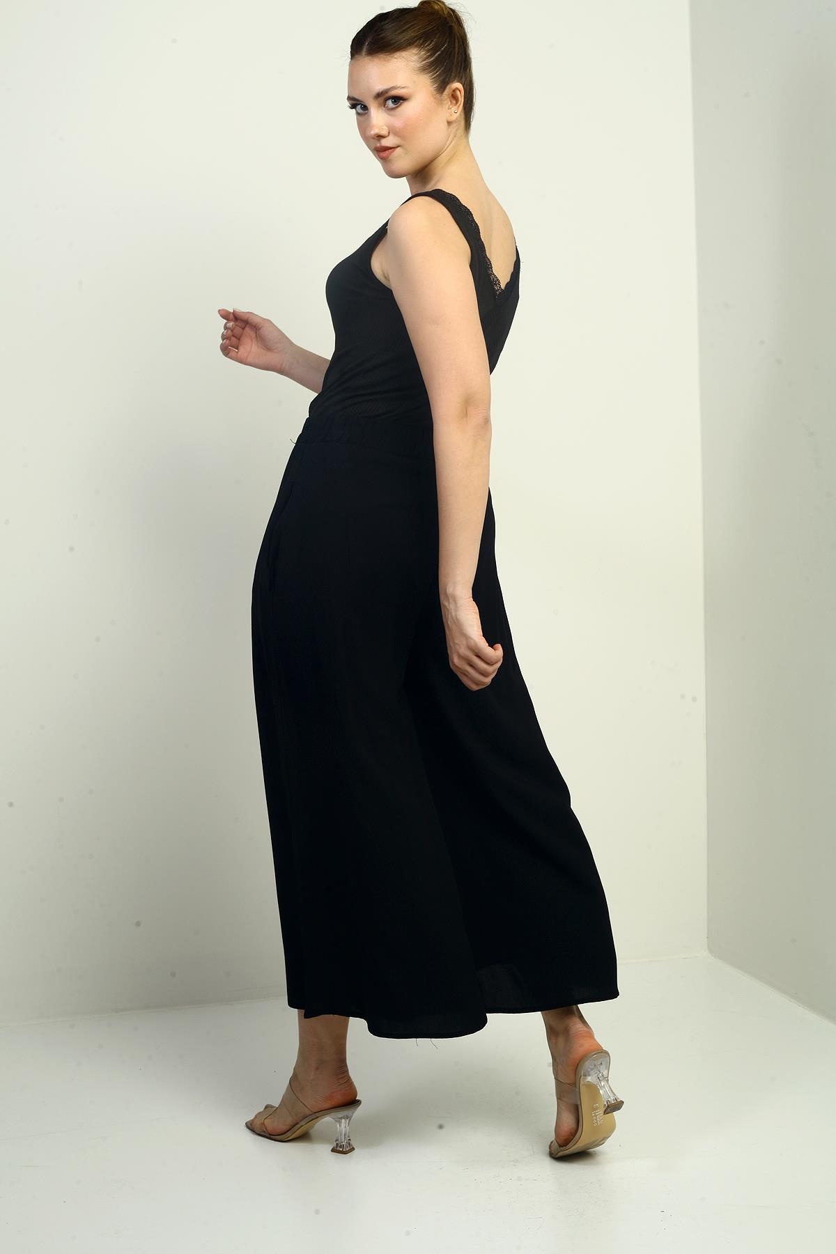 S-25K3880007Kadın Beli Lastikli Cepli Nakış Detaylı Palazzo Pantolon