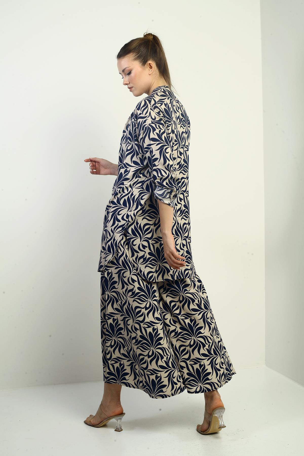 S-25K3880009Kadın Yanları Yırtmaçlı Tunik Gömlek Beli lastikli Cepli Palazzo Pantolon Çiçek Desen Oversize 2'li Takım