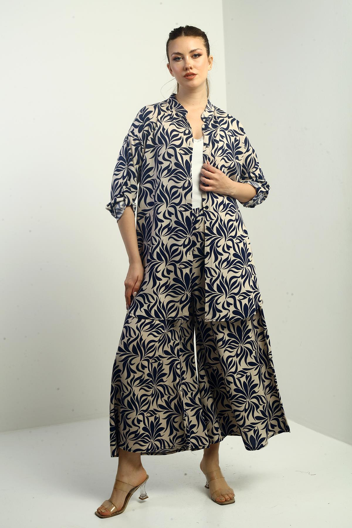 S-25K3880009Kadın Yanları Yırtmaçlı Tunik Gömlek Beli lastikli Cepli Palazzo Pantolon Çiçek Desen Oversize 2'li Takım