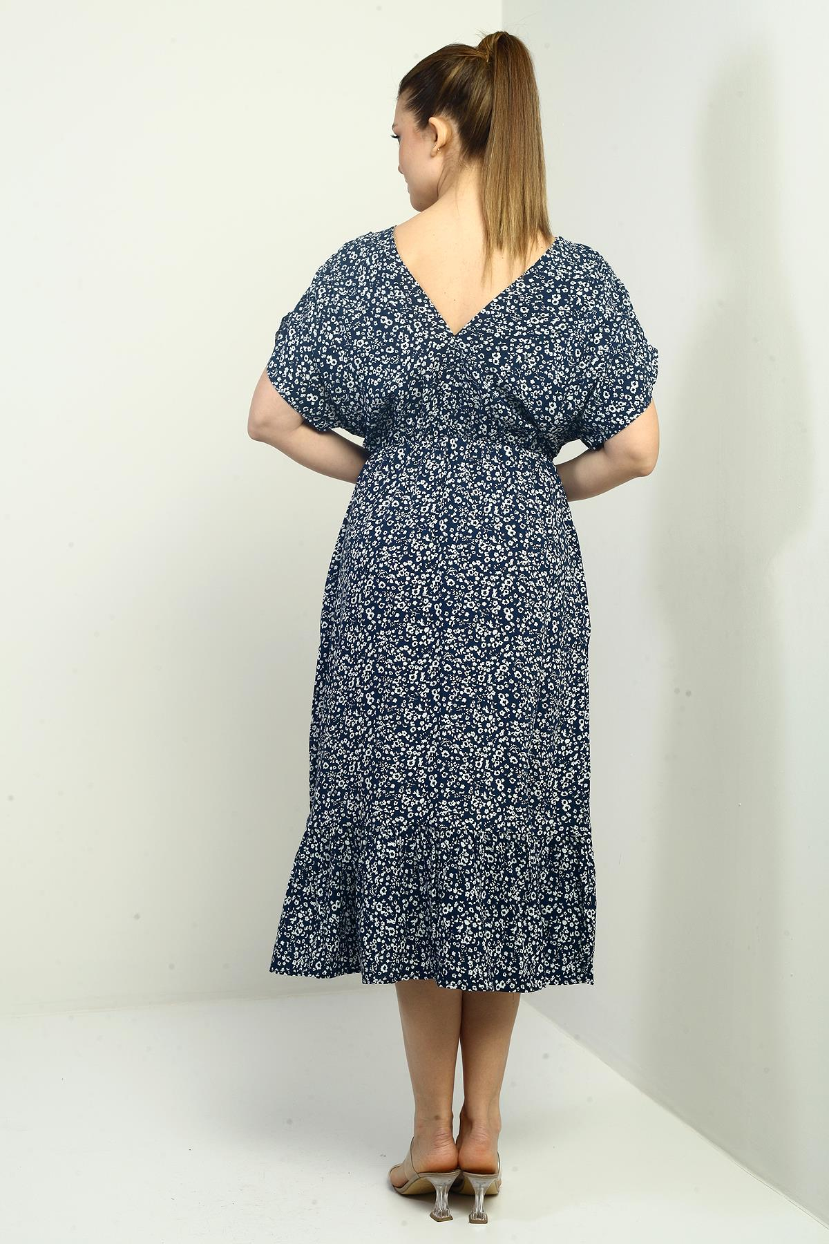 S-25K3880013Kadın Ön Arka V Yaka Yarasa Kollu Mini Çiçekli Cepli Fırfırlı Elbise