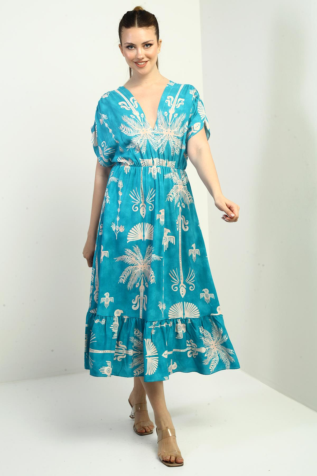 S-25K3880014Kadın Ön Arka V Yaka Yarasa Kollu Palmiyeli Cepli Fırfırlı Elbise