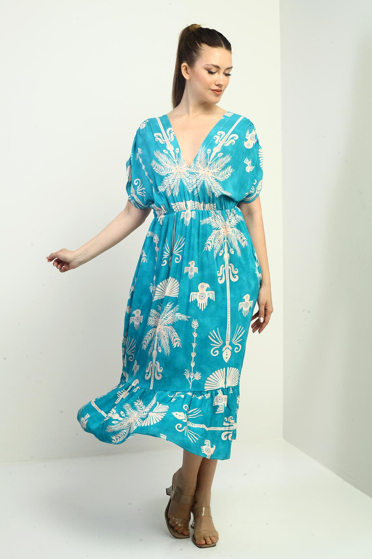 S-25K3880014Kadın Ön Arka V Yaka Yarasa Kollu Palmiyeli Cepli Fırfırlı Elbise