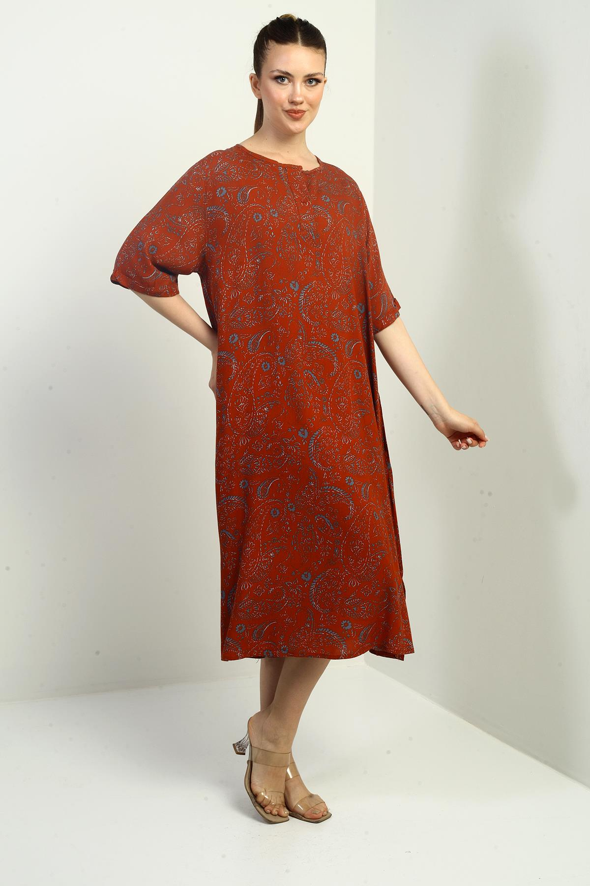 S-25K3880017Kadın Şal Desenli Cepli Oversize Elbise