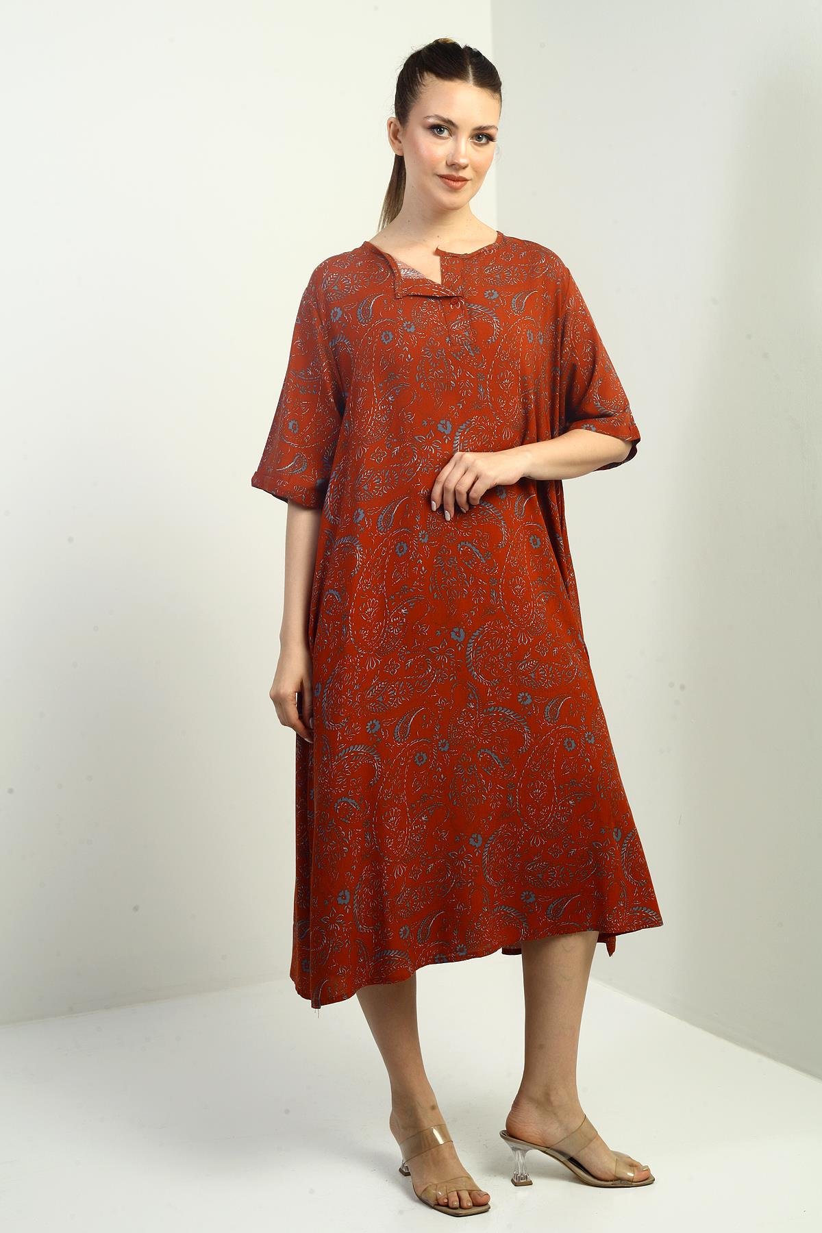 S-25K3880017Kadın Şal Desenli Cepli Oversize Elbise