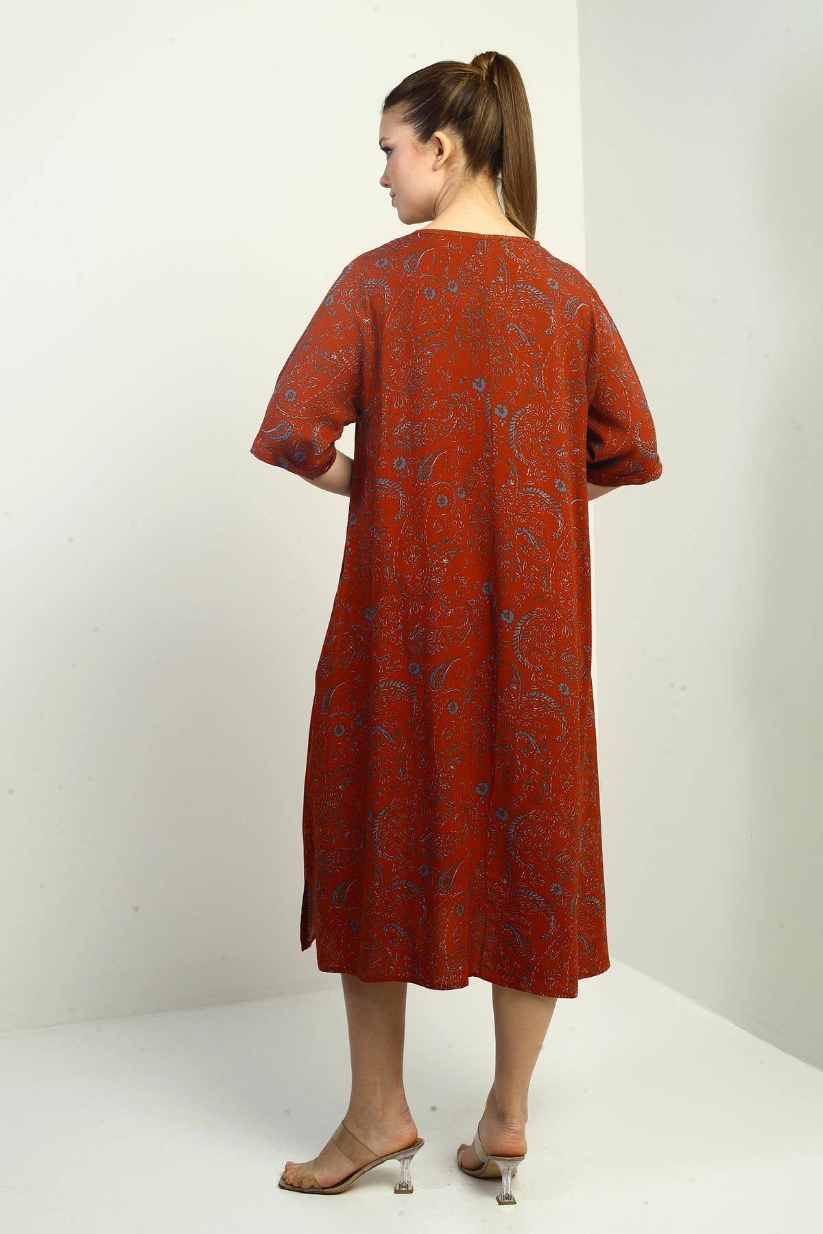 S-25K3880017Kadın Şal Desenli Cepli Oversize Elbise