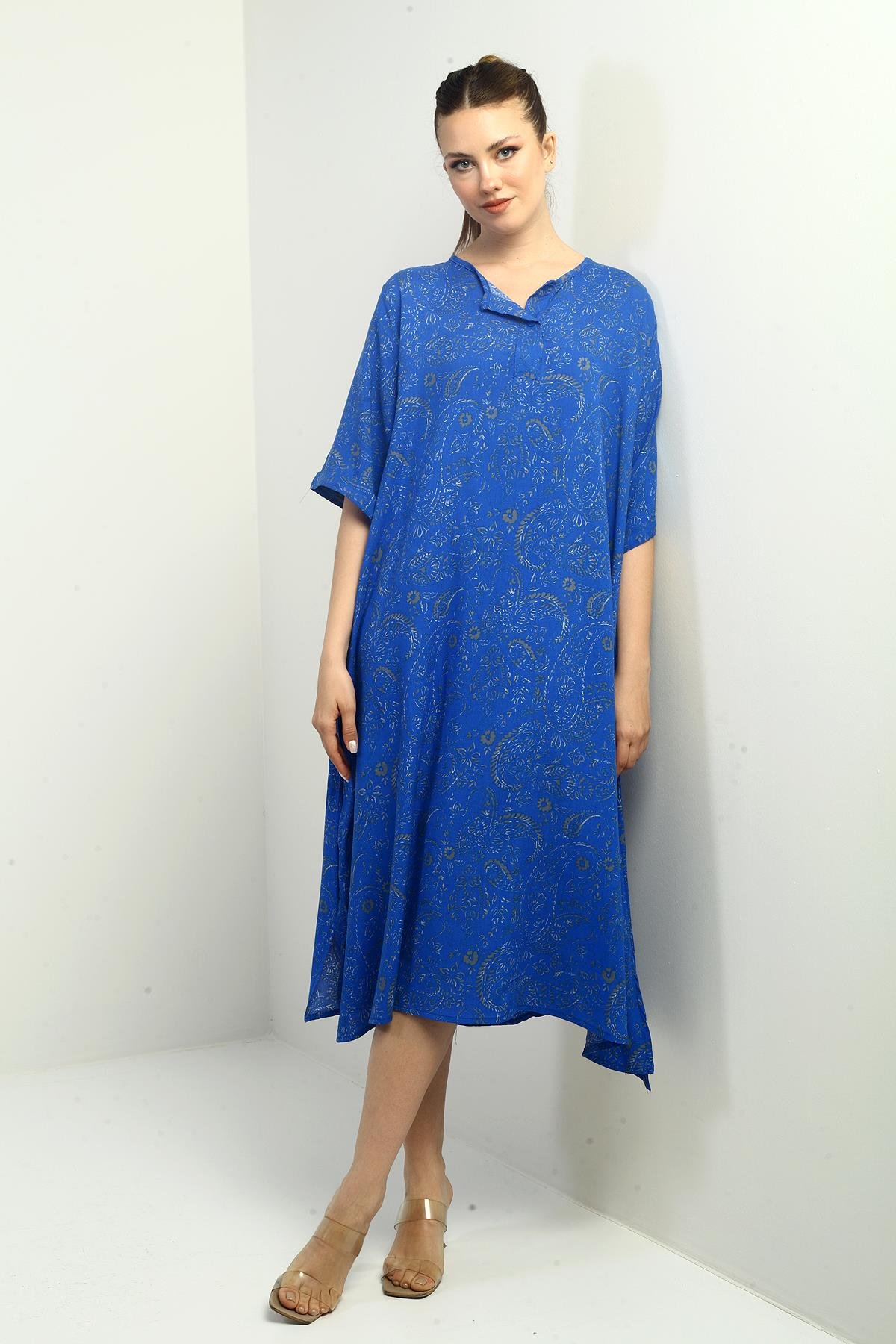 S-25K3880017Kadın Şal Desenli Cepli Oversize Elbise