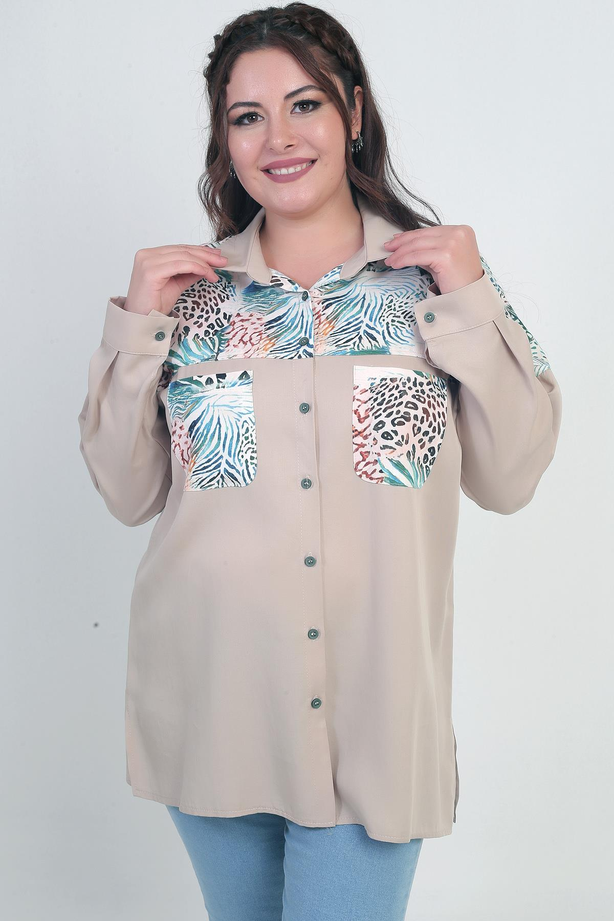 S-25K4040001Kadın Düşük Kollu Çift Cepli Desenli Büyük Beden Gömlek