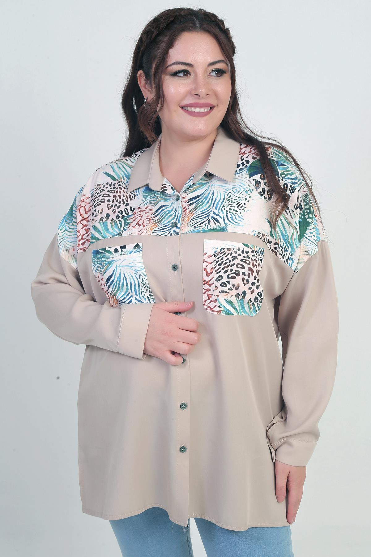 S-25K4040001Kadın Düşük Kollu Çift Cepli Desenli Büyük Beden Gömlek