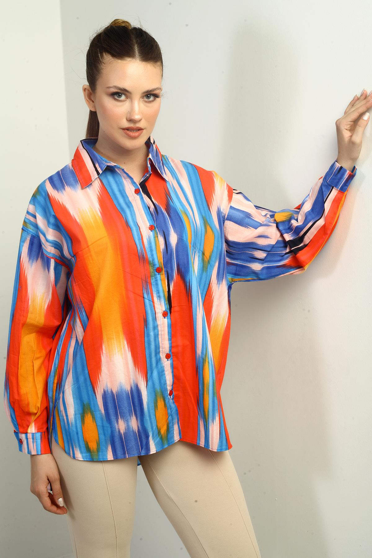 S-25Y0080001Kadın Fırça Desenli Oversize Gömlek
