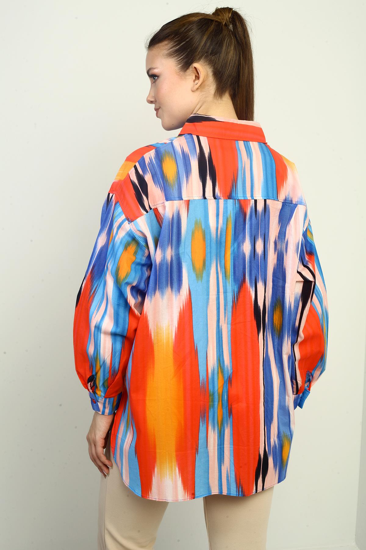 S-25Y0080001Kadın Fırça Desenli Oversize Gömlek