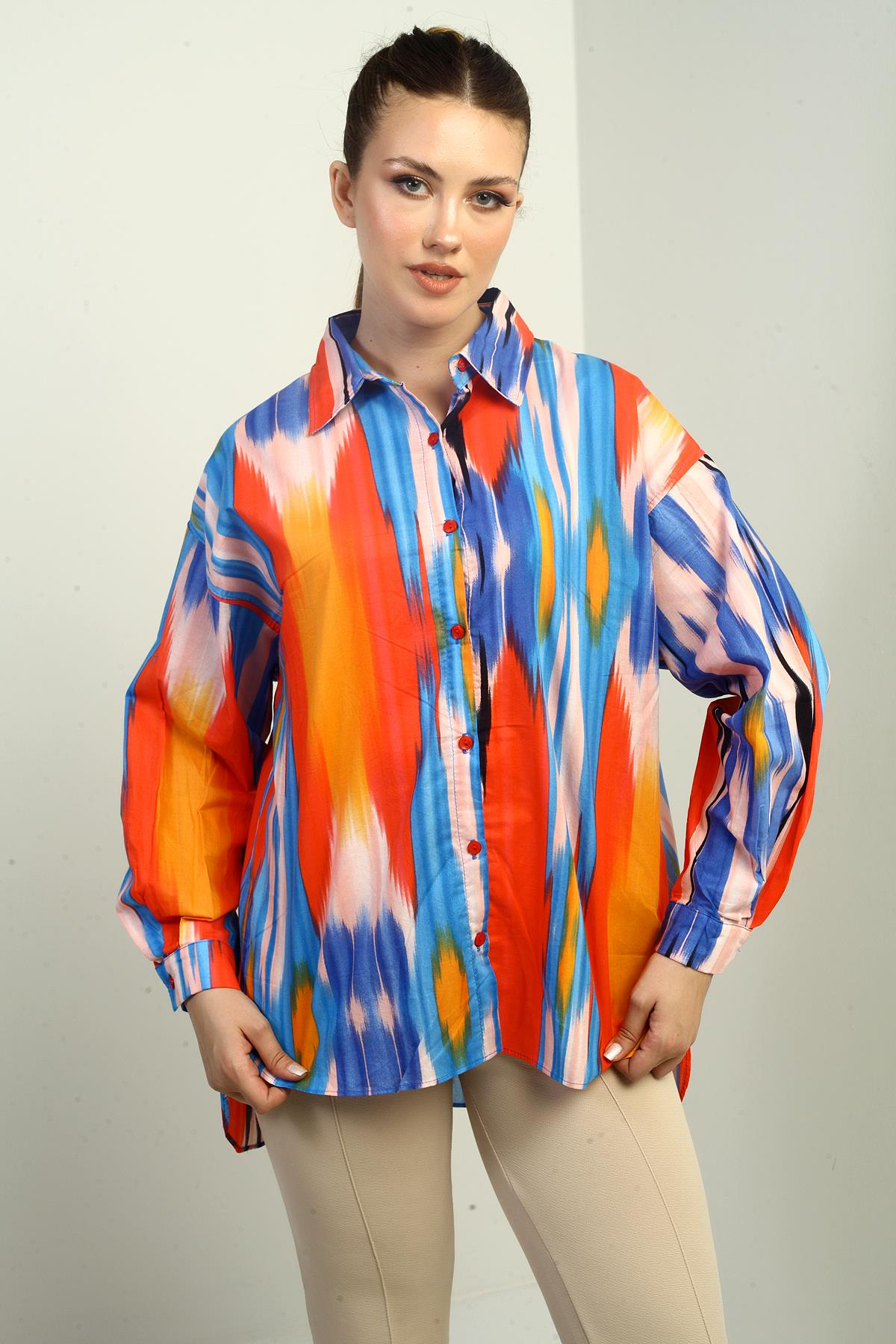 S-25Y0080001Kadın Fırça Desenli Oversize Gömlek