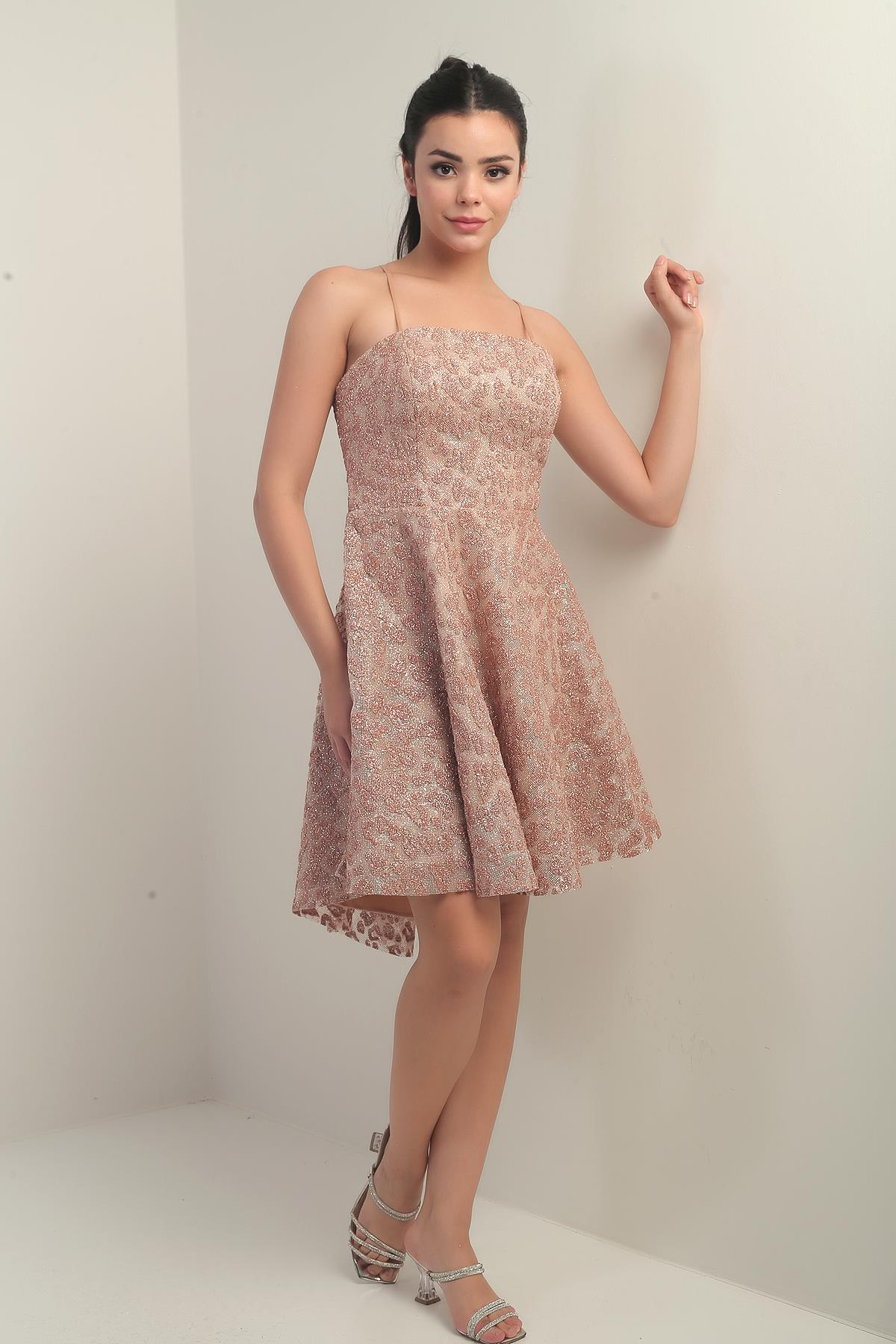 S-25Y0130003Kadın İp Askılı Astarlı Sim Flok Baskılı Kısa Kloş Elbise