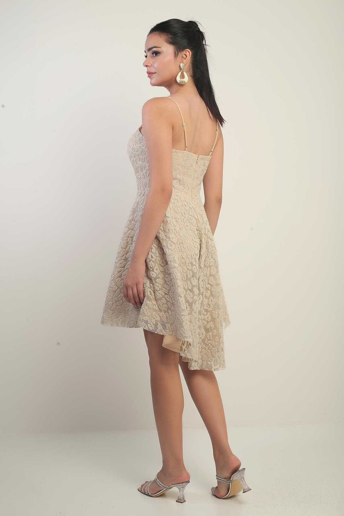 S-25Y0130003Kadın İp Askılı Astarlı Sim Flok Baskılı Kısa Kloş Elbise