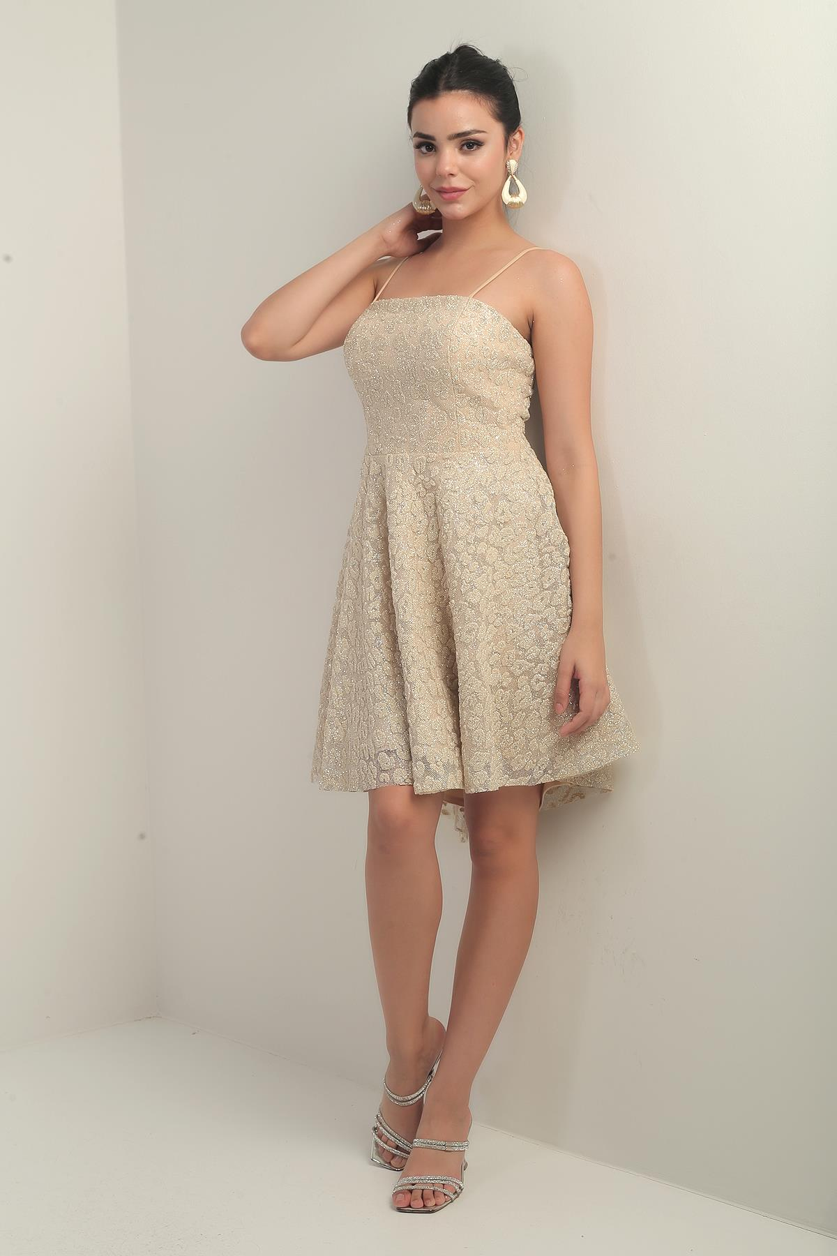 S-25Y0130003Kadın İp Askılı Astarlı Sim Flok Baskılı Kısa Kloş Elbise